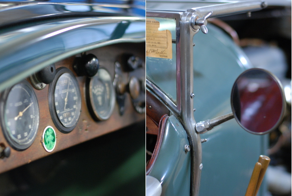 Close-up of cars on display at the Simeone Foundation Automotive Museum in Philadelphia.