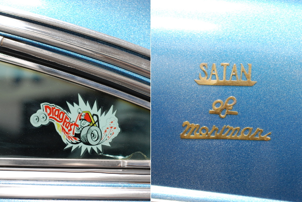 A close up of car decals and ensignia.