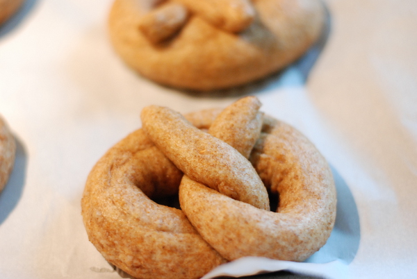 poached whole wheat soft pretzels