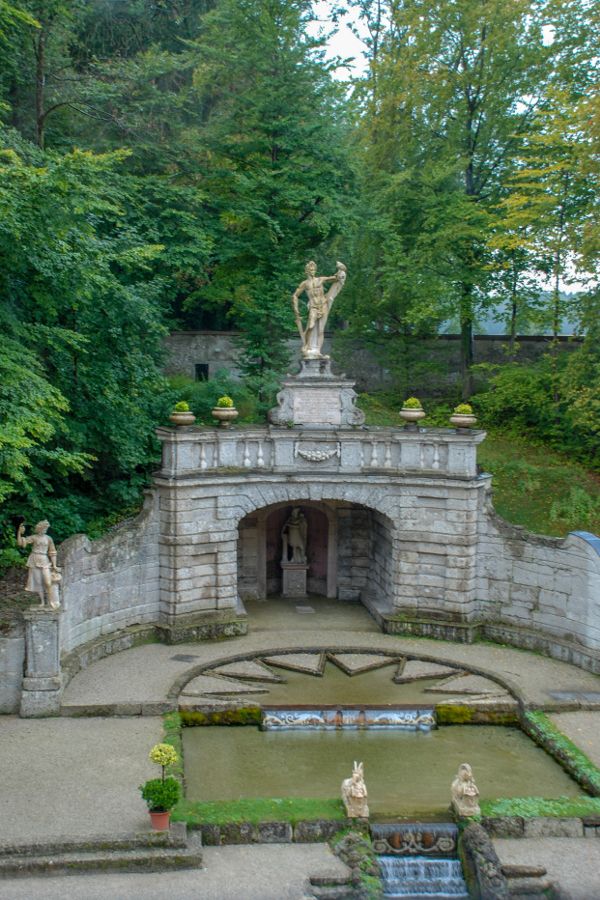 View over the fountains at Schloss Hellbrunn in Salzburg, Austria.