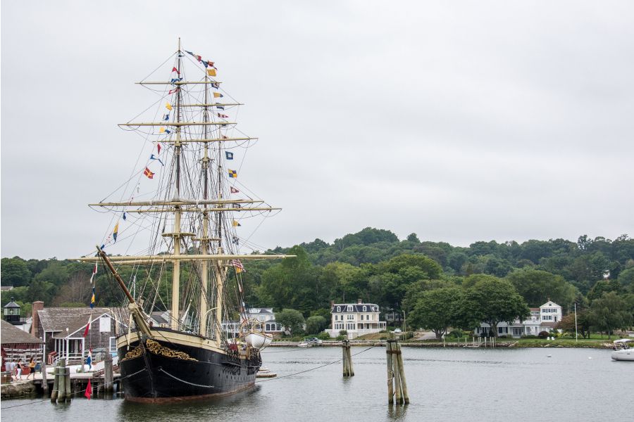 The Joseph Conrad tall ship docked at Mystic Seaport in Connecticut.