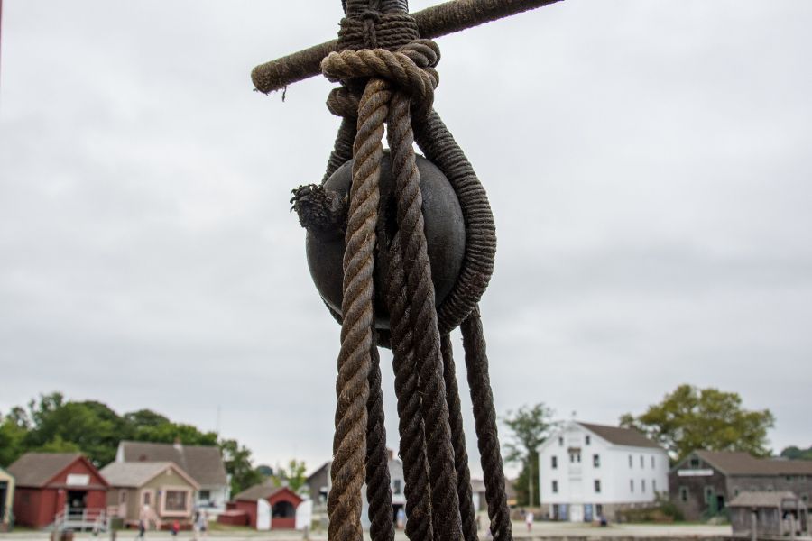 A rope and pulley at Mystic Seaport.