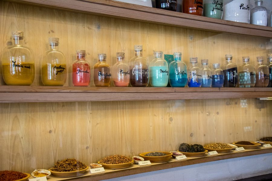 Paints and dyes line the walls inside the Albrecht Dürer House in Nuremberg, Germany.