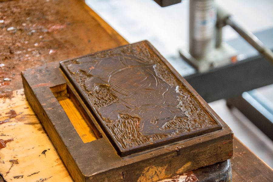 A rhinoceros woodblock for printing inside the Albrecht Dürer House in Nuremberg, Germany.