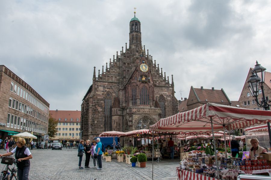 The Frauenkirche on the busy main market square in Nuremberg, Germany.