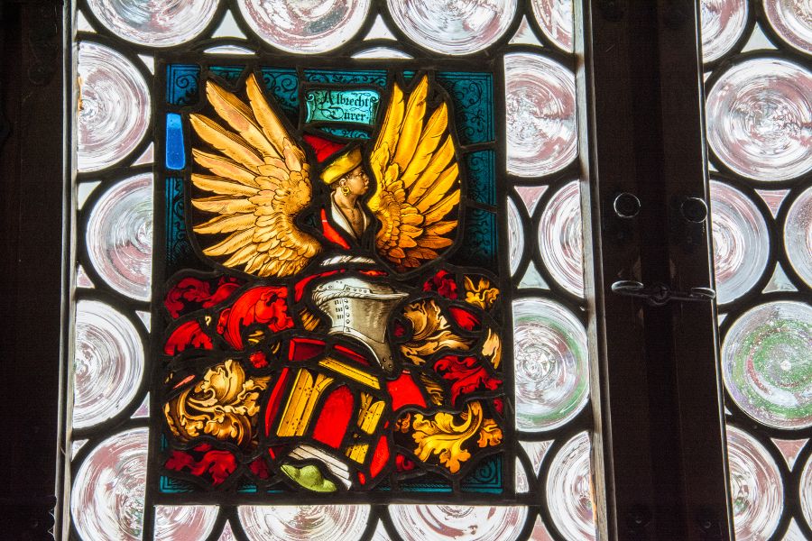 A stained glass window inside the Albrecht Dürer House in Nuremberg, Germany.