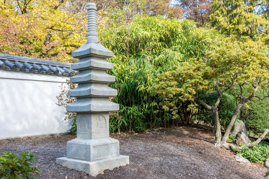 Stone marker in the Japanese garden at Shofuso in Philadelphia.