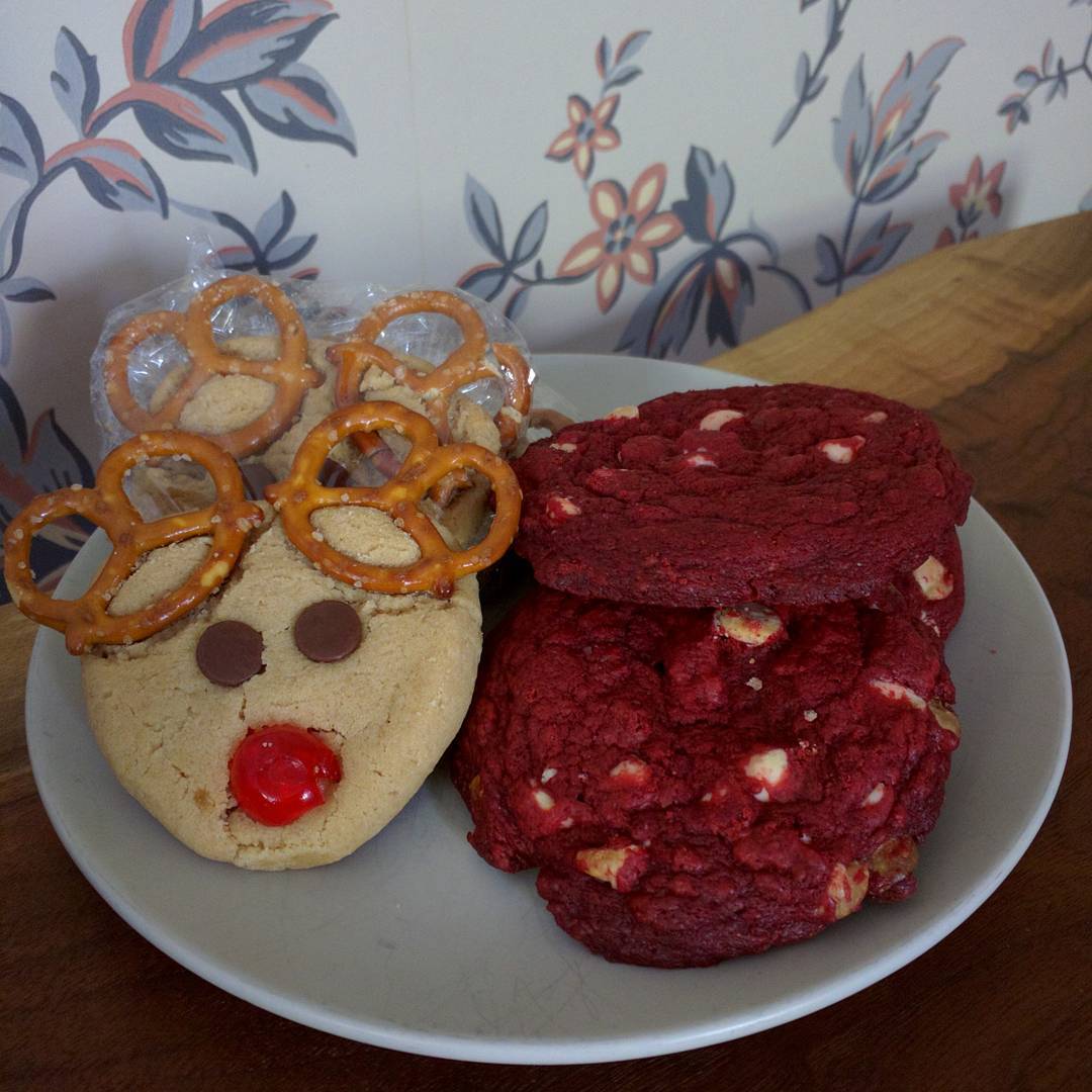 peanut butter reindeer red velvet white chocolate chip cookies