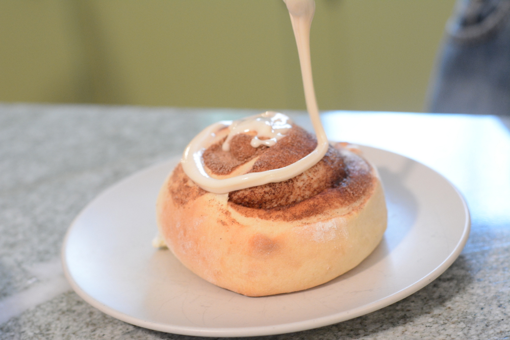 Cinnamon Bun with Salt Caramel Maple Frosting