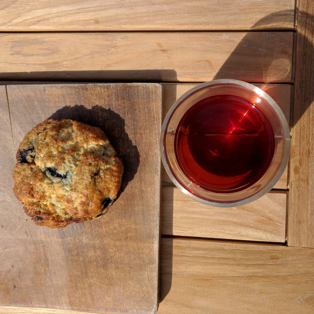 Blueberry scone and hot tea at the Malvern Buttery.