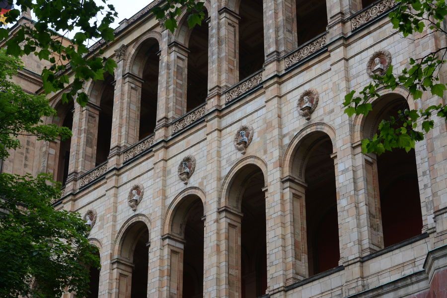 Maximilianeum busts up close in Munich, Germany.