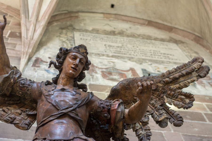 Wooden angel sculpture at Germanisches Nationalmuseum in Nuremberg, Germany.