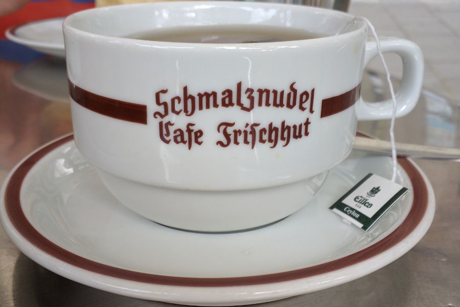 A cup of tea at Schmalznudel Cafe Frischhut in Munich, Germany.