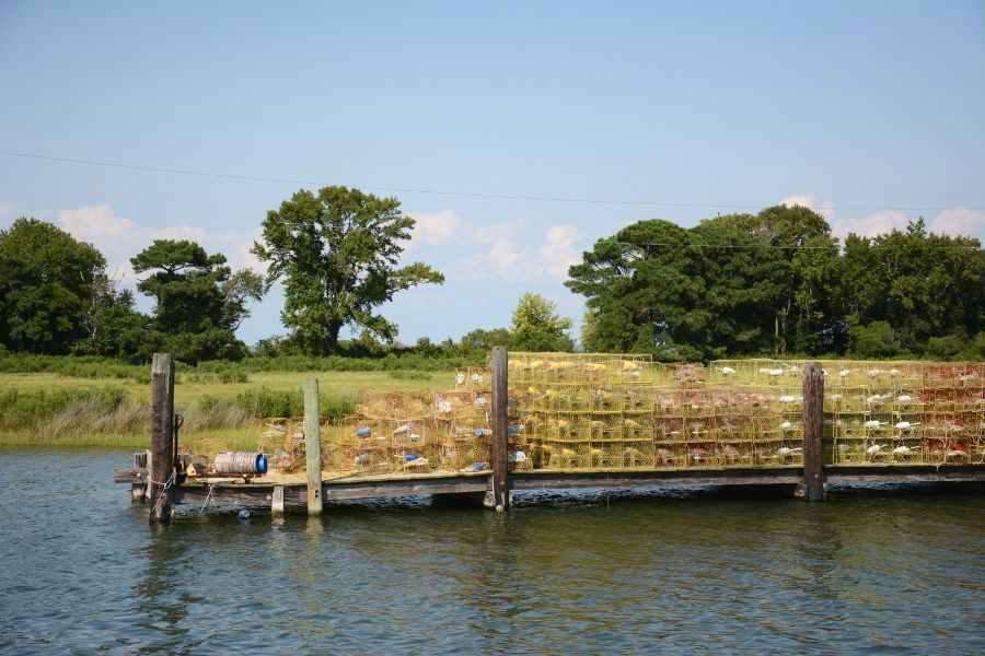 Crab pots on a dock in Ewell on Smith Island.