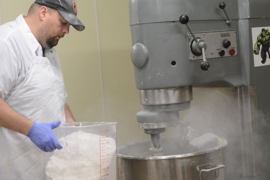 Mixing dry ingredients for Smith Island Cakes at the Smith Island Baking Company.