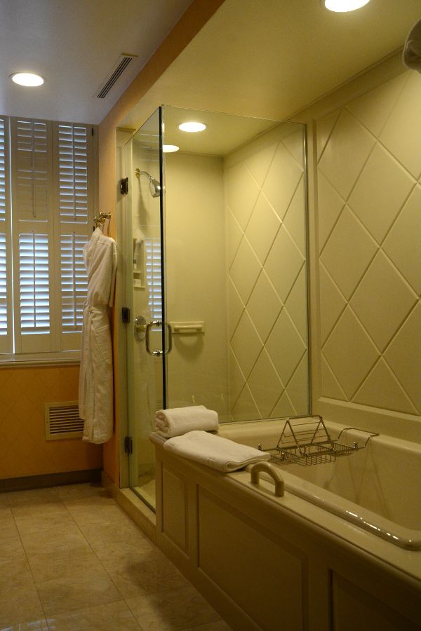 A separate bathtub and shower in a room at the Hotel Du Pont.