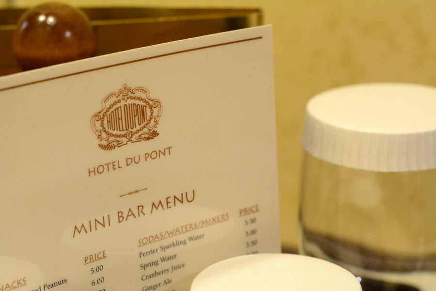 Hotel Du Pont mini bar menu.