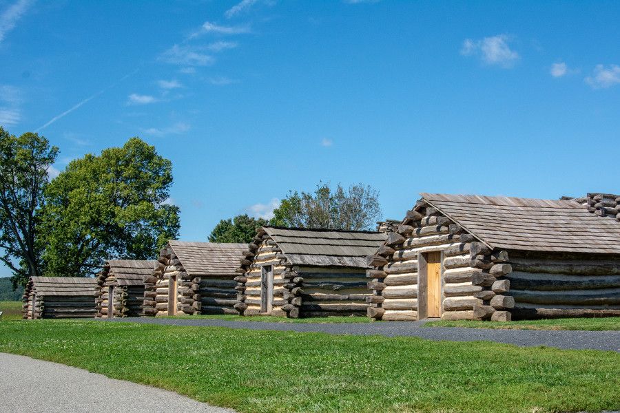 A line of log cabins at Valley Forge.