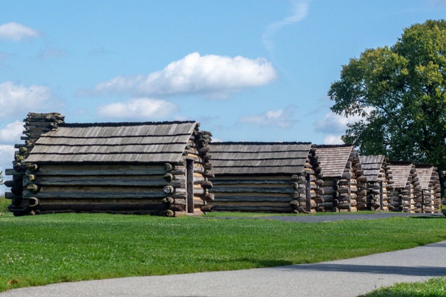 A row of log cabins at Valley Forge.