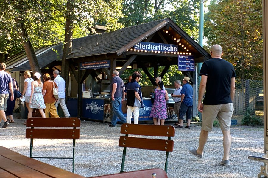 The Steckerlfisch stand at Munich Biergarten Hirschgarten in Munich, Germany.