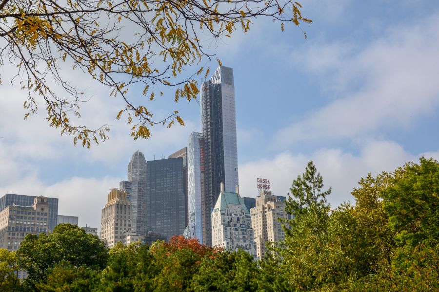 The view of the New York City skyline from Central Park.