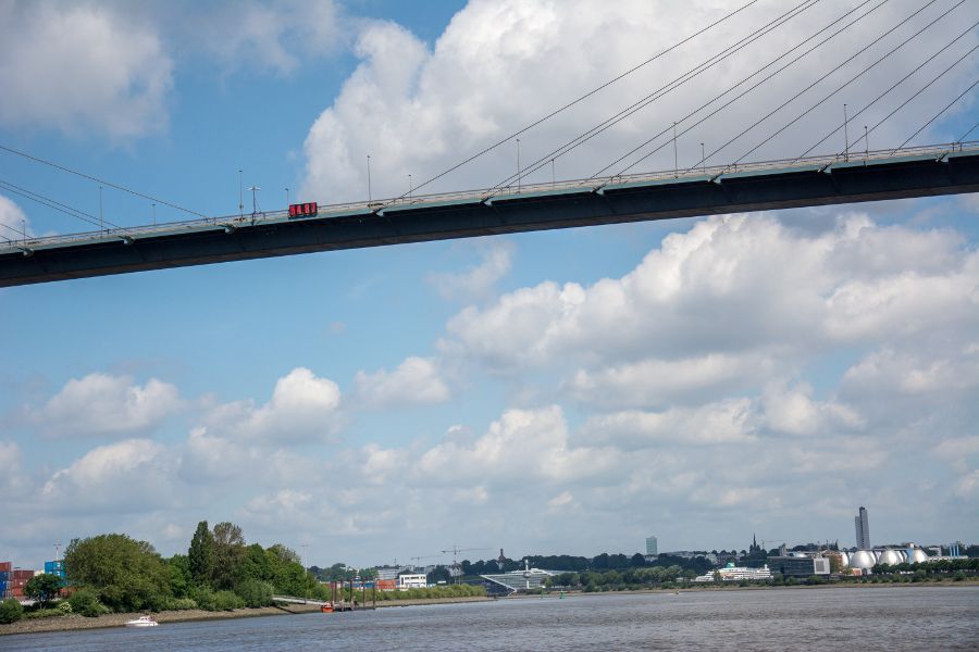 Bridge with height sign in Hamburg Harbor, Germany.