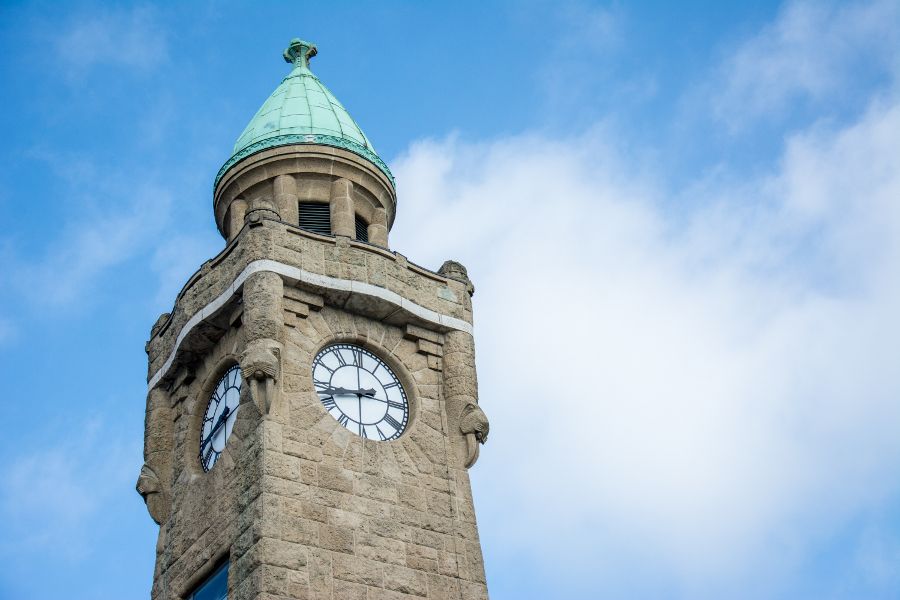 Clock tower at Landungsbrücken in Hamburg, Germany.