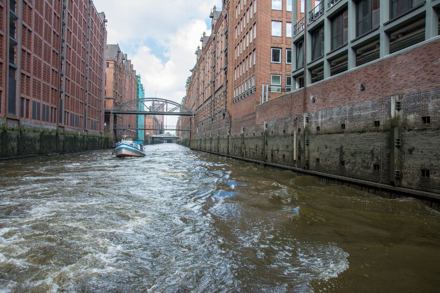 Cruising through the historic Speicherstadt in Hamburg, Germany.