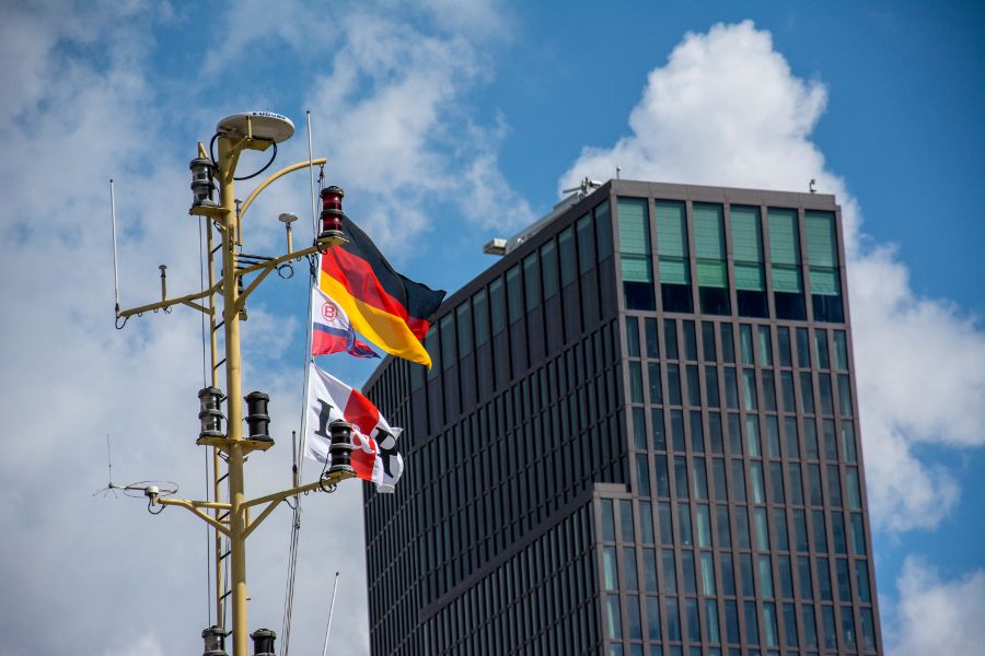 Flags at Hamburg Harbor in Germany.