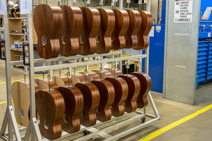 Guitar bodies hanging at the Martin Guitar factory.