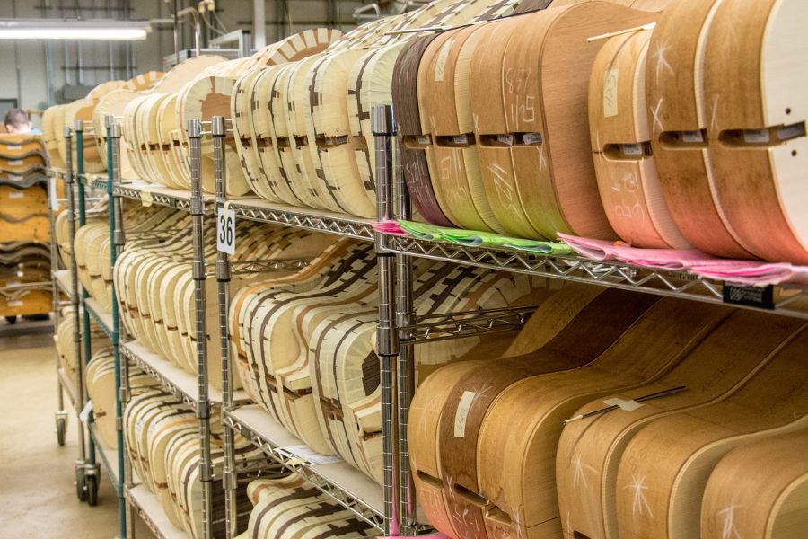 Guitar bodies at the Martin Guitar factory.