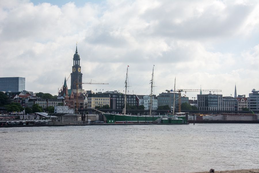 Hamburg, Germany waterfront with tall ship.