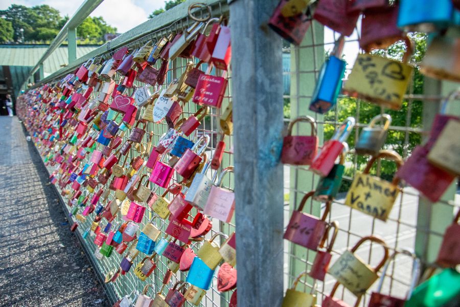 Love locks at Landungsbrücken in Hamburg, Germany.