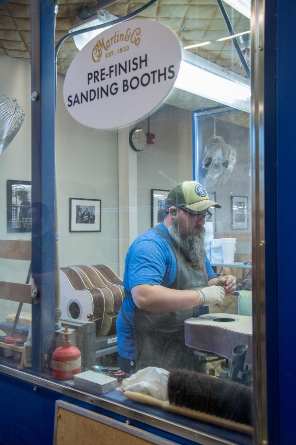 Pre-finish sanding booth in Martin Guitar factory.