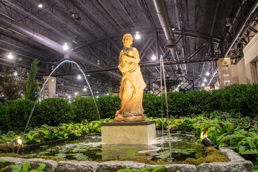 Sculpture and water fountain at the Philadelphia Flower Show 2018.