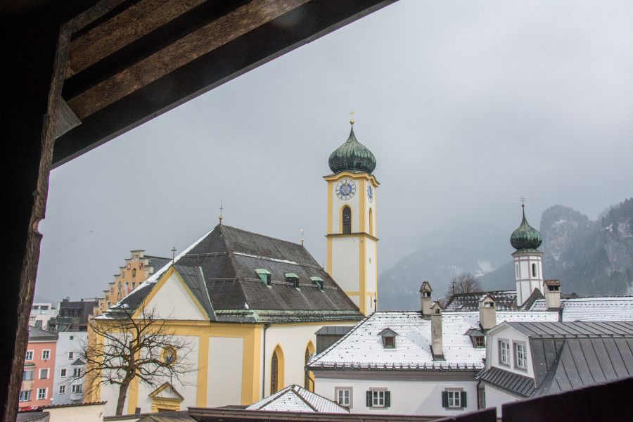 The view onto a church from Festung Kufstein in Austria.