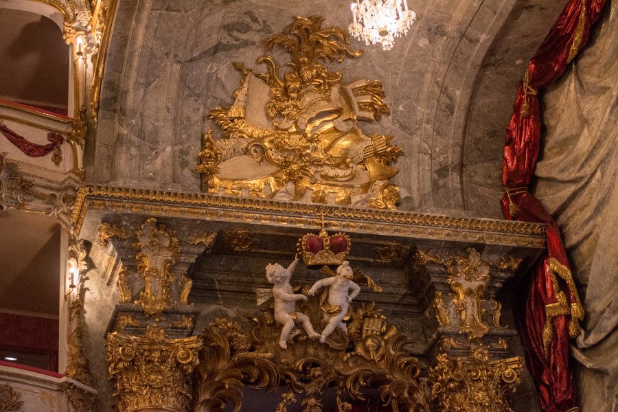 The lavish decoration along the stage at the Cuvilliés Theatre in Munich, Germany.