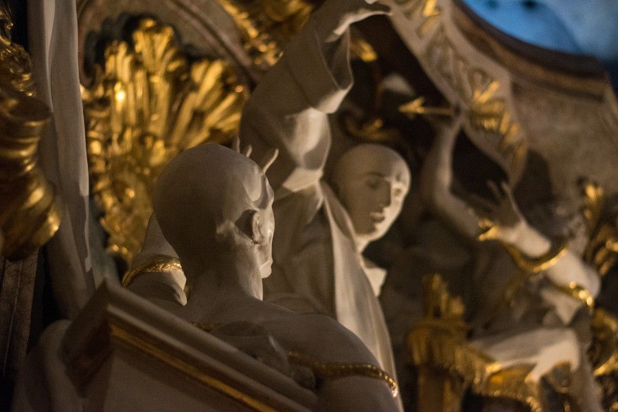 A sculpture inside the Asamkirche in Munich, Germany.