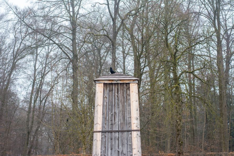 During Munich in winter, statues and monuments get boarded up for protection. A sculpture at Nymphenburg Palace are safely protected.