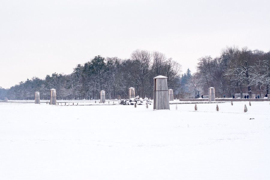 During Munich in winter, statues and monuments get boarded up for protection. All of the sculptures at Nymphenburg Palace are safely protected.