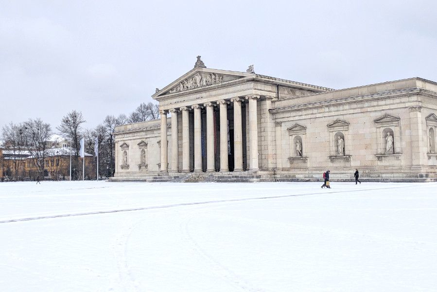 Glyptothek covered in snow in Munich, Germany.