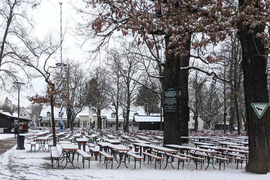 Hirschgarten's Biergarten in snow in Munich, Germany.