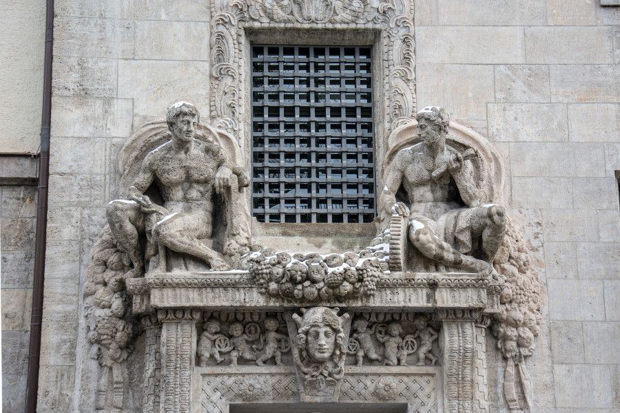 Snow on the facade of a building in Munich, Germany.