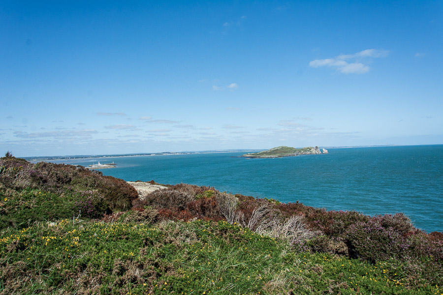 A look back at the Howth Harbour and Howth Lighthouse from atop the cliffs.