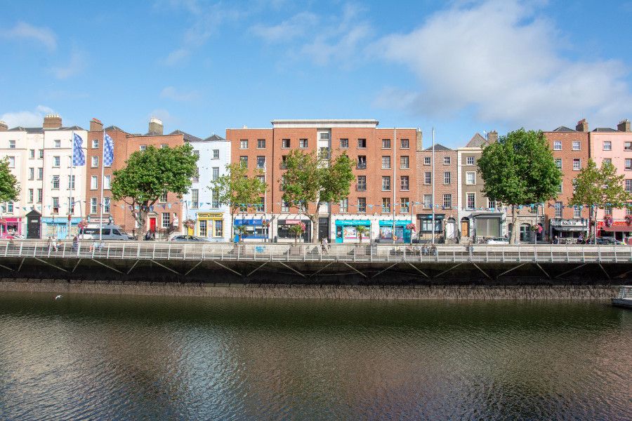 Businesses lining the River Liffey Waterfront.