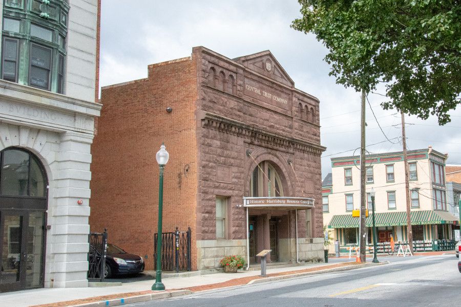 Historic buildings line the street in Midtown Harrisburg, Pennsylvania.