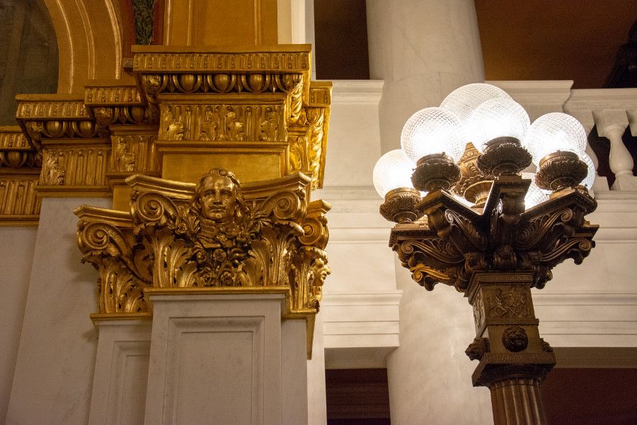 Spectacular lights and architectural details in the moulding at Pennsylvania Capitol Building in Harrisburg.