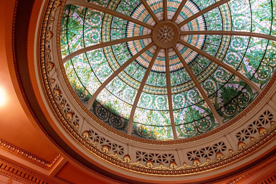 Stained glass dome of the Supreme Court Chamber of the Pennsylvania Capitol Building in Harrisburg.