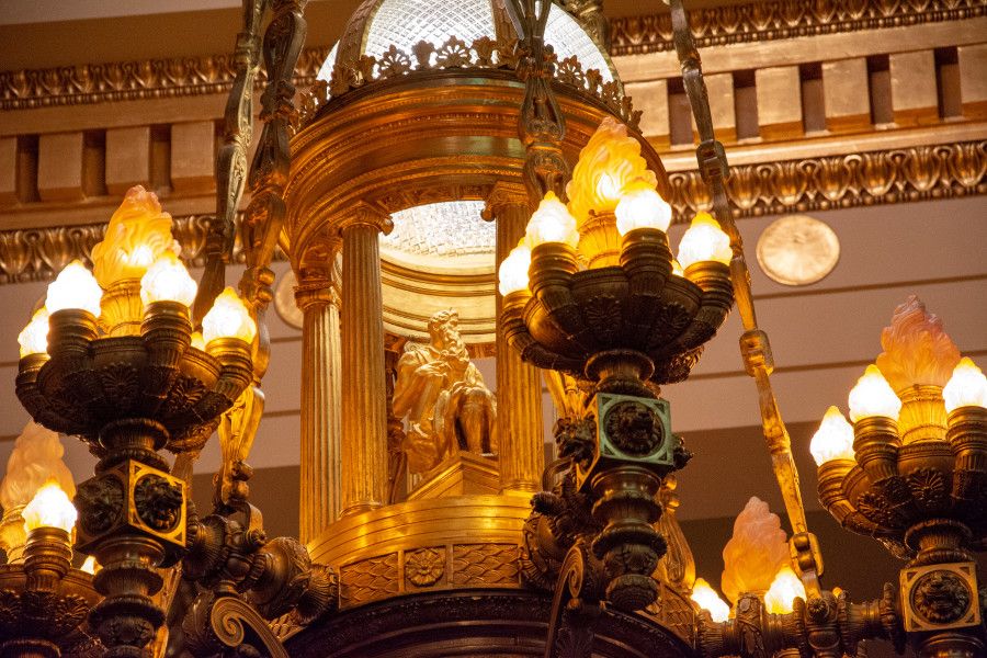 Close up of a light fixture in the Supreme Court Chamber of the Pennsylvania Capitol Building in Harrisburg.