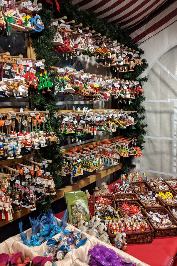 Christmas tree ornaments line the shelves in Käthe Wohlfahrt at Christmas Village in Philadelphia.